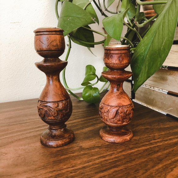 Vintage Engraved Wood Candlestick Set - Picture 2 of 3